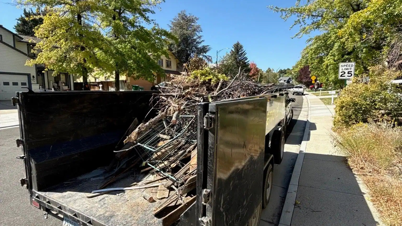 The dump trailer loaded with branches at the curb