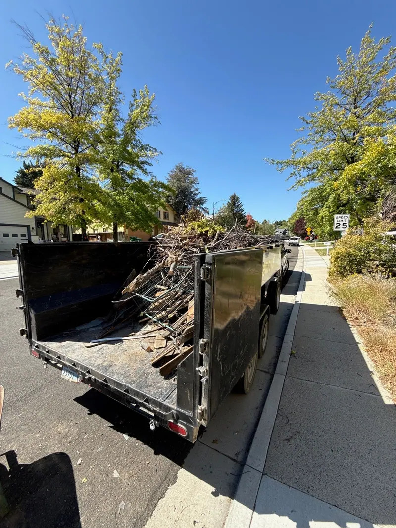 The dump trailer loaded with branches at the curb