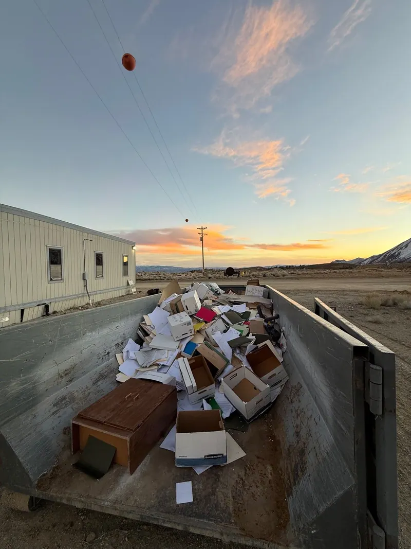 A roll-off dumpster full of boxes beside a commercial building at sunset