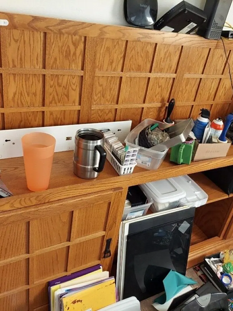 Kitchen cabinets and shelves full of leftover items