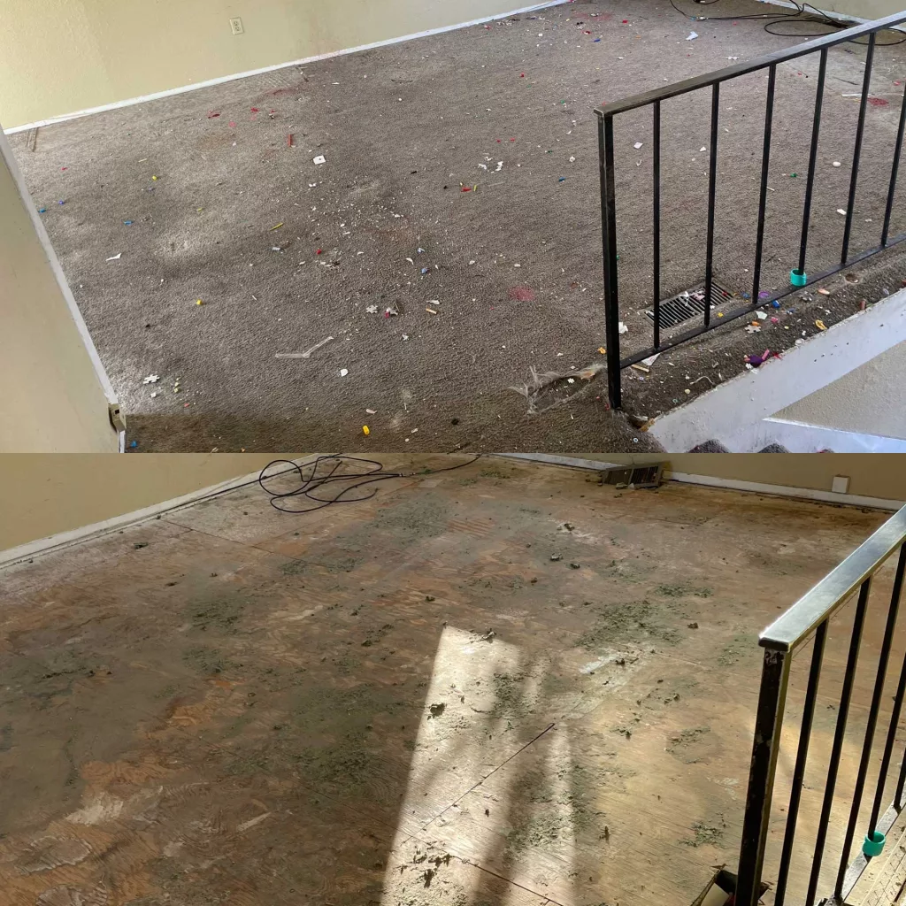 Flooring removal before and after comparison