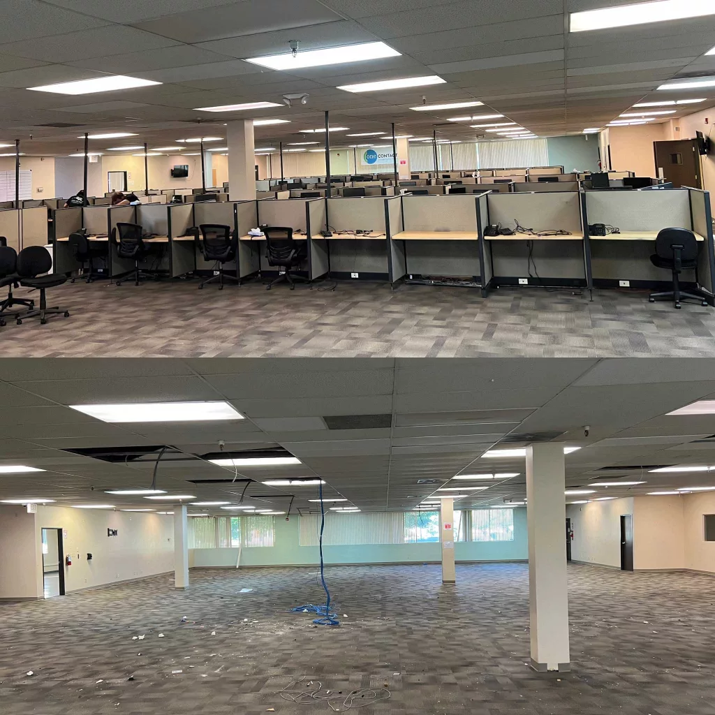Commercial demolition & waste removal comparison: a full corporate office with rows of desks and then an empty office