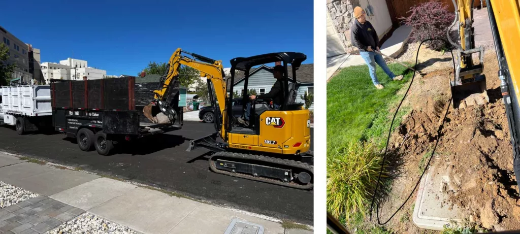 Caterpillar excavator loading Reno Tahoe Junk Removal truck