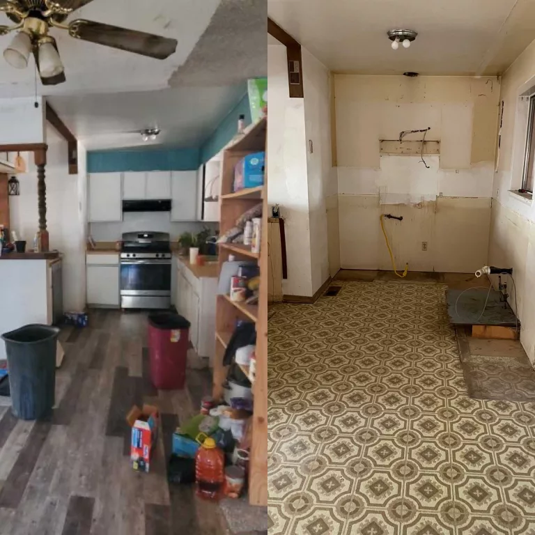 Kitchen demolition comparison: a full kitchen and after everything was removed