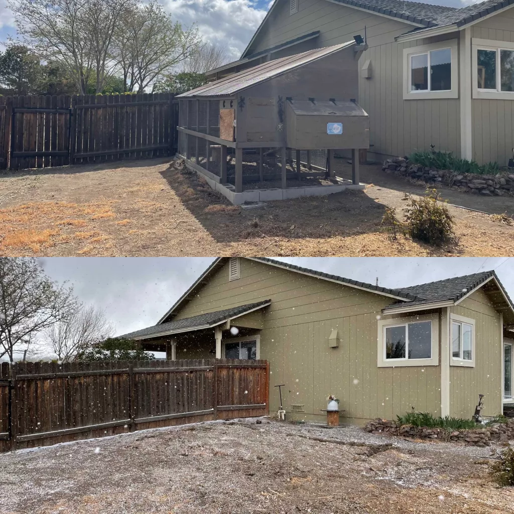 Before and after comparison of structure in backyard removed by Reno Tahoe Junk Removal