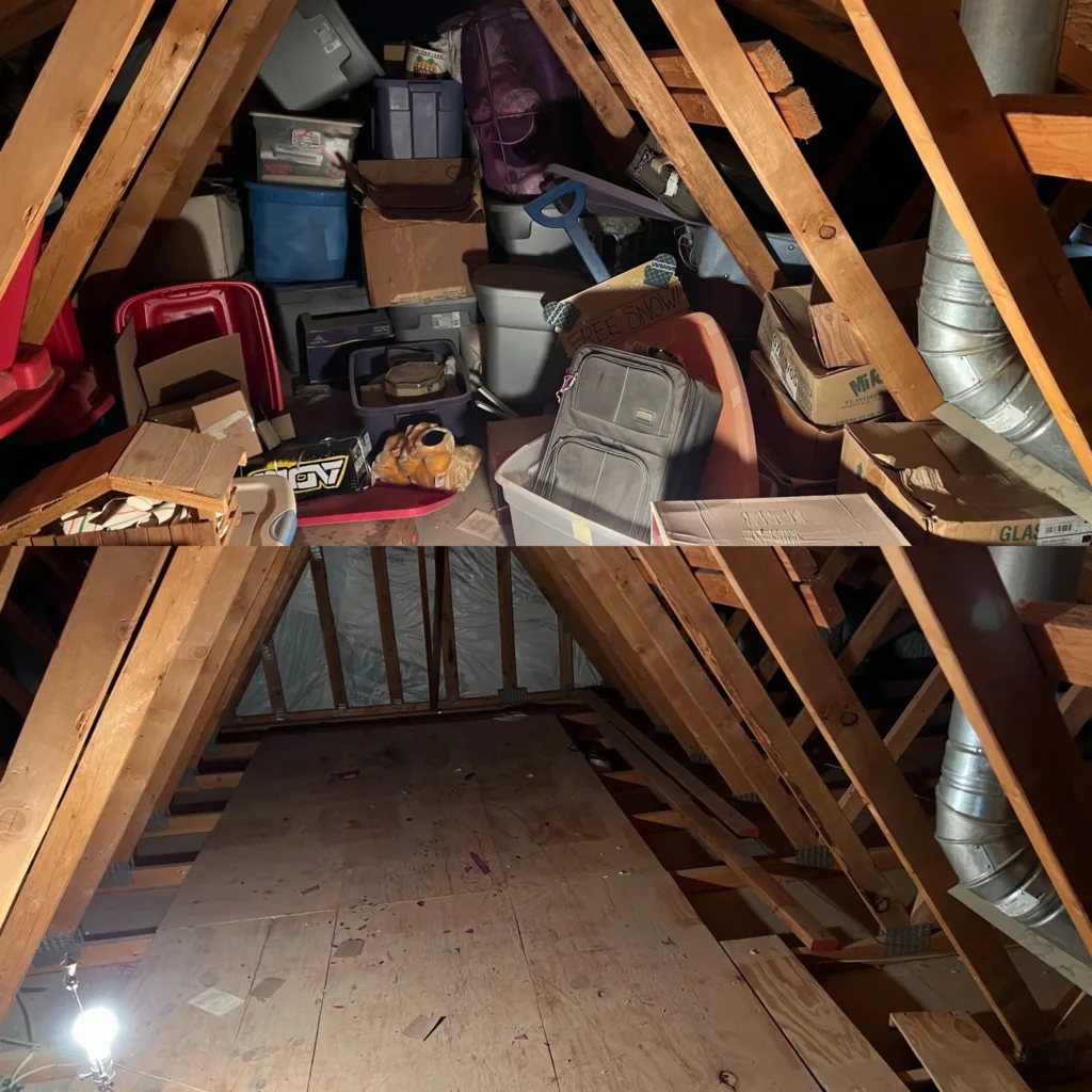 before and after - attic full of clutter on top and empty attic on bottom