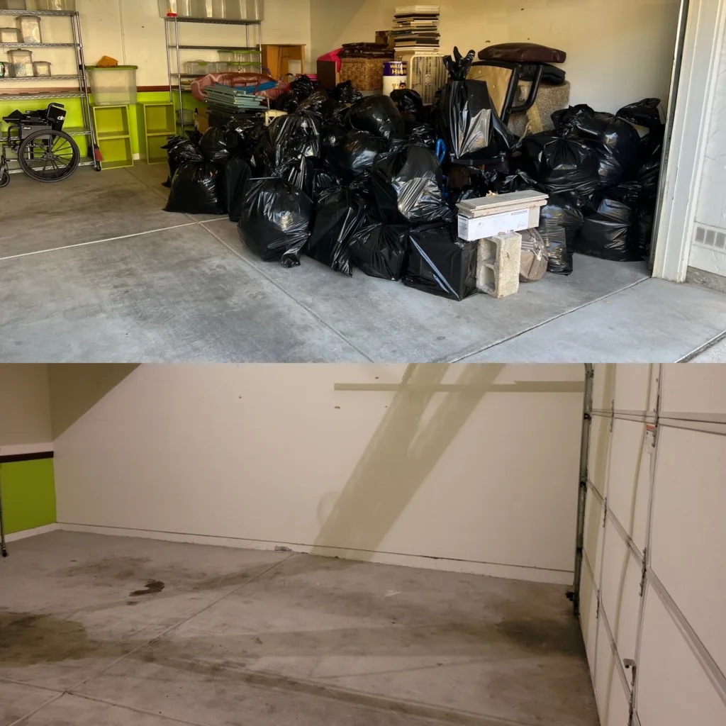 Garage full of trash bags and clutter on top and a clean garage on bottom